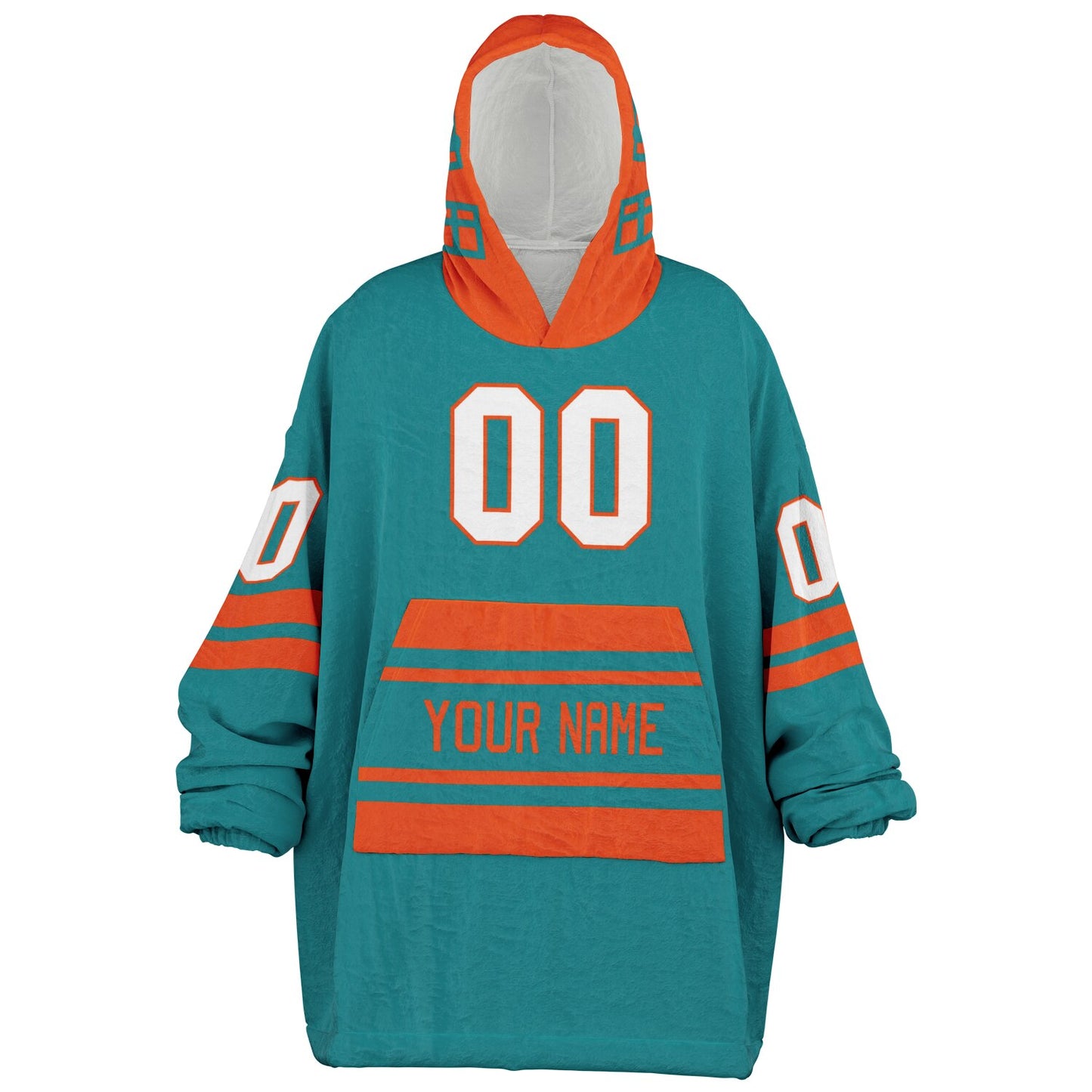 Aqua and orange classic snug hoodie featuring jersey-style stripes and personalized name and number.