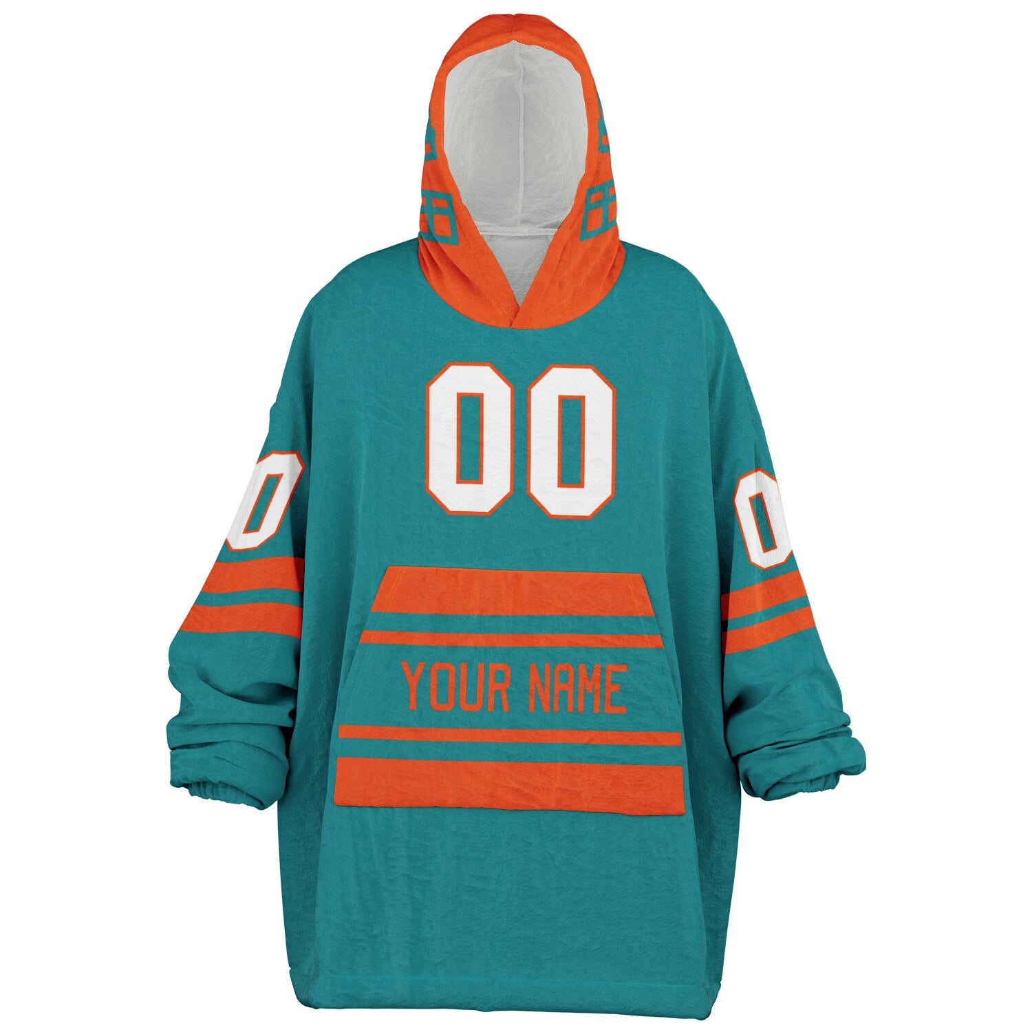Aqua and orange classic snug hoodie featuring jersey-style stripes and personalized name and number.