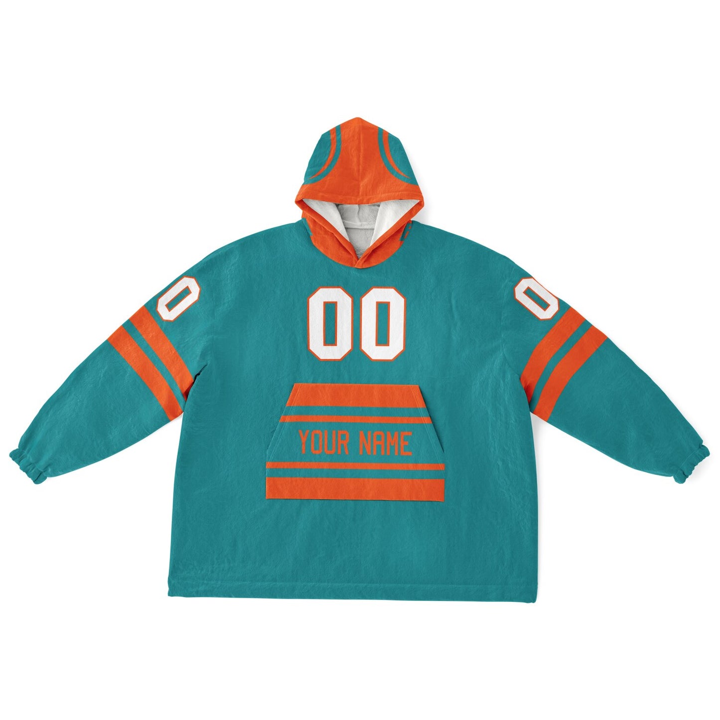 Aqua and orange classic snug hoodie featuring jersey-style stripes and personalized name and number.