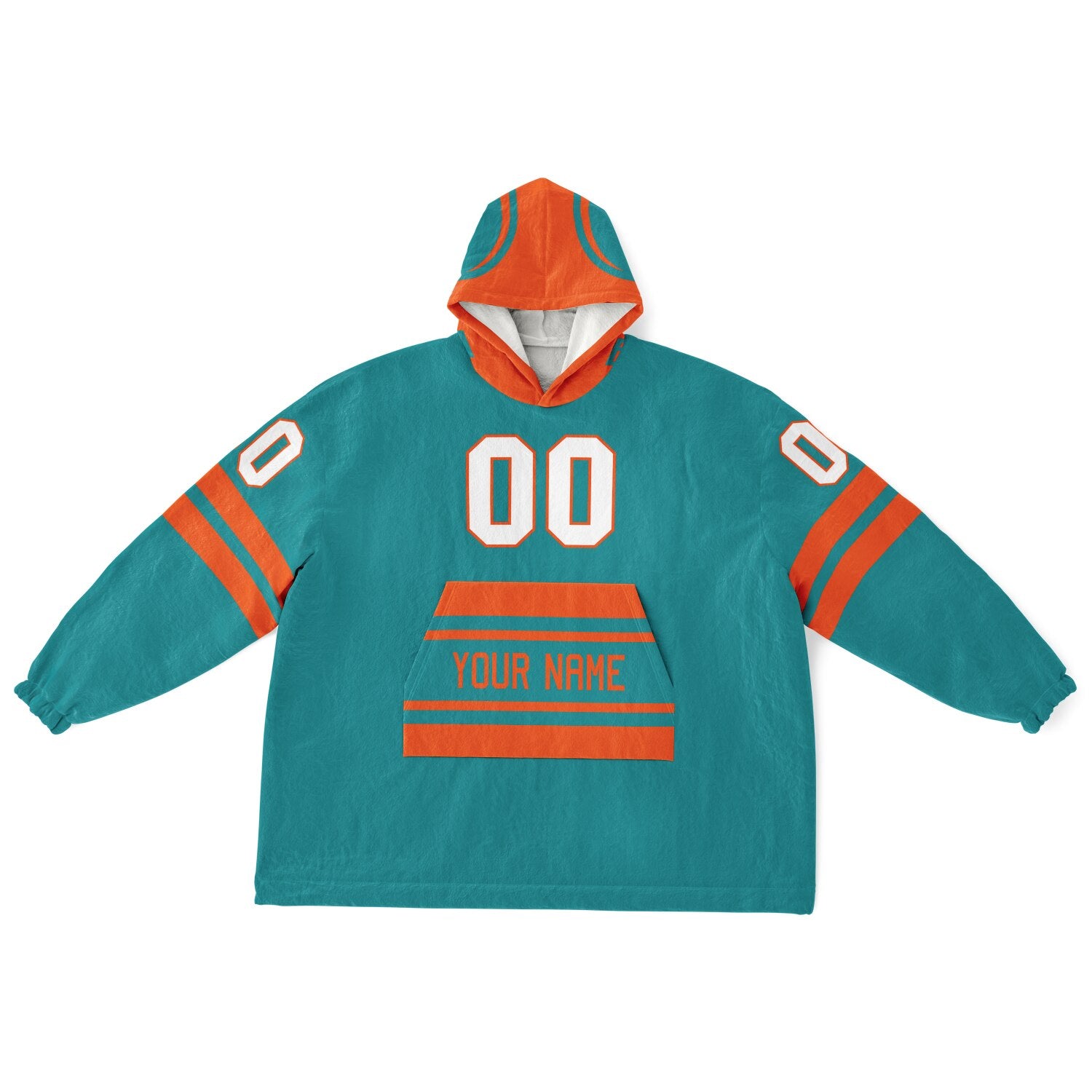 Aqua and orange classic snug hoodie featuring jersey-style stripes and personalized name and number.