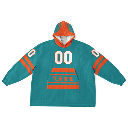 Aqua and orange classic snug hoodie featuring jersey-style stripes and personalized name and number.