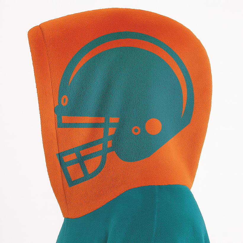 Aqua and orange classic snug hoodie featuring jersey-style stripes and personalized name and number.