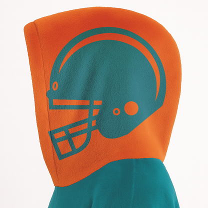 Aqua and orange classic snug hoodie featuring jersey-style stripes and personalized name and number.