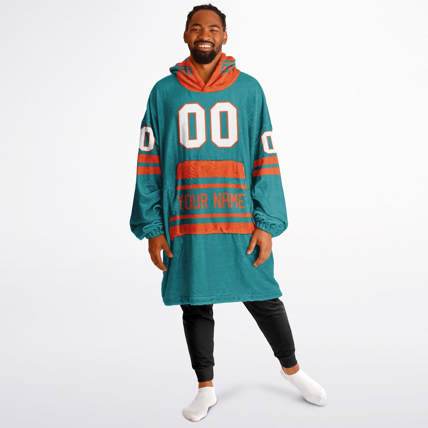 Aqua and orange classic snug hoodie featuring jersey-style stripes and personalized name and number.