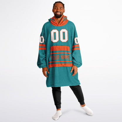 Aqua and orange classic snug hoodie featuring jersey-style stripes and personalized name and number.