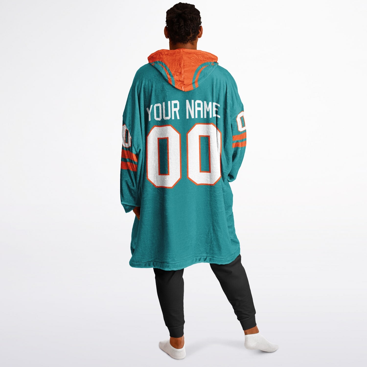 Aqua and orange classic snug hoodie featuring jersey-style stripes and personalized name and number.