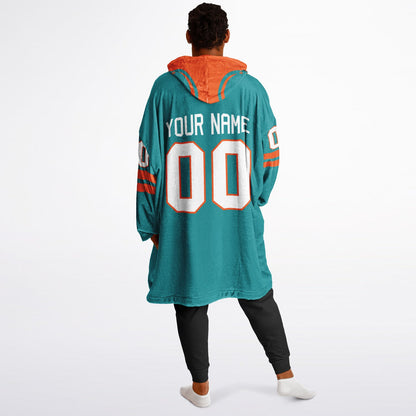 Aqua and orange classic snug hoodie featuring jersey-style stripes and personalized name and number.