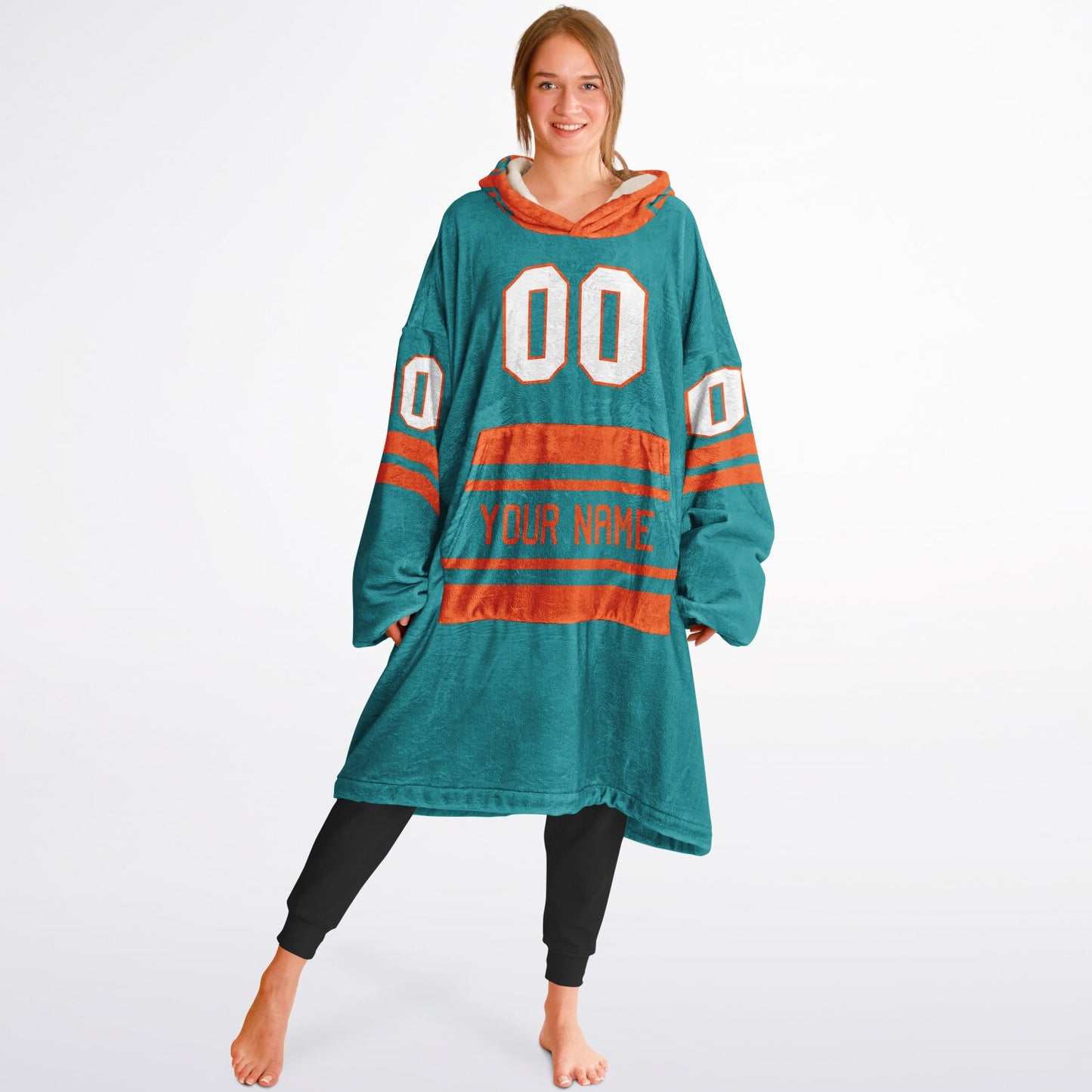 Aqua and orange classic snug hoodie featuring jersey-style stripes and personalized name and number.