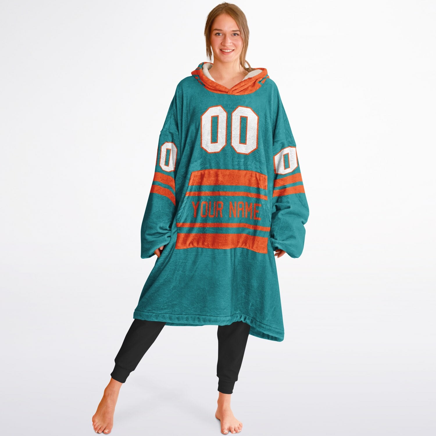Aqua and orange classic snug hoodie featuring jersey-style stripes and personalized name and number.