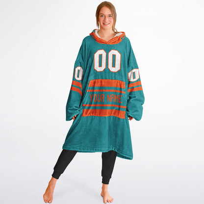 Aqua and orange classic snug hoodie featuring jersey-style stripes and personalized name and number.