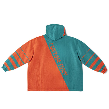 Aqua and orange reversible snug hoodie with soft interior lining and casual everyday style for football fans.