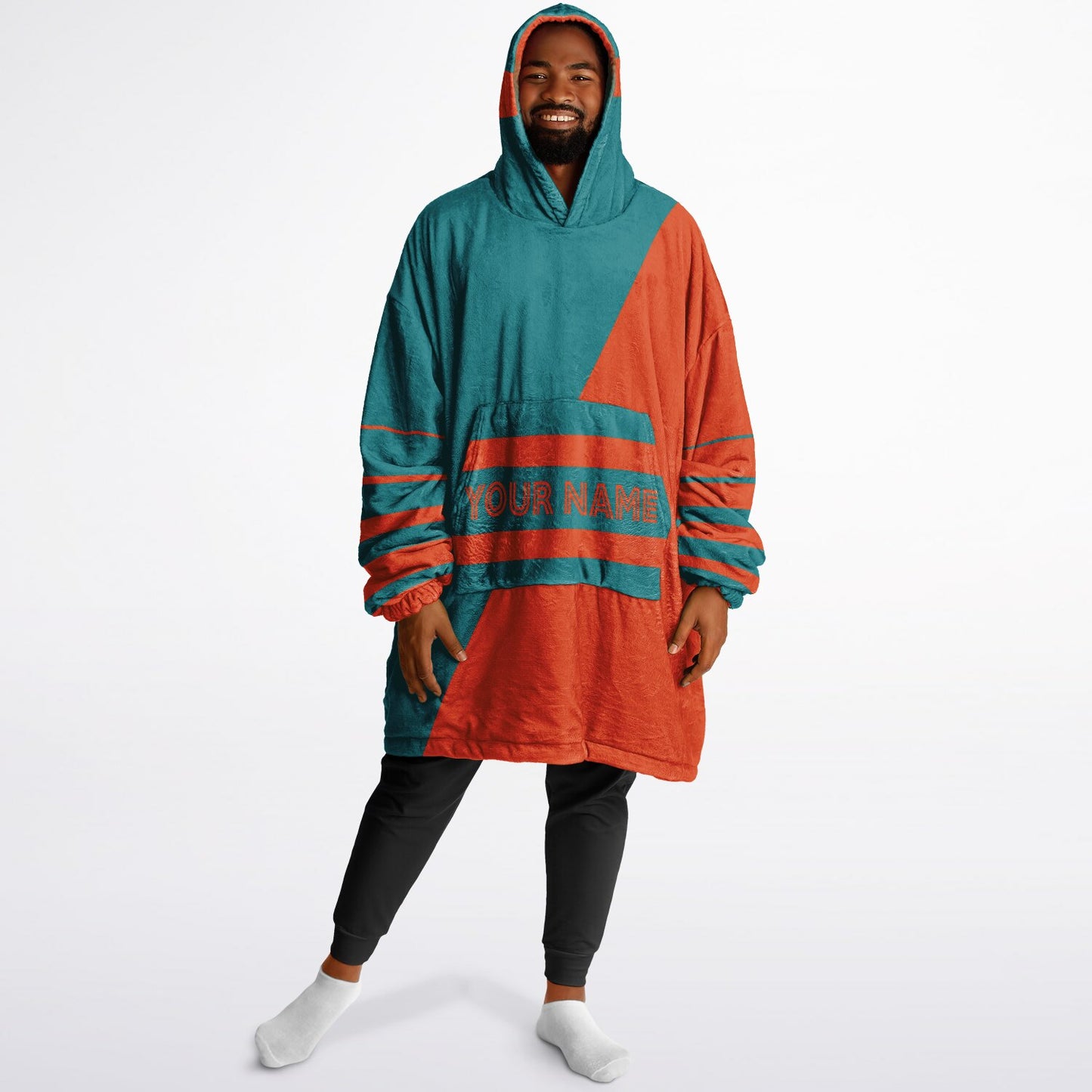 Aqua and orange reversible snug hoodie with soft interior lining and casual everyday style for football fans.