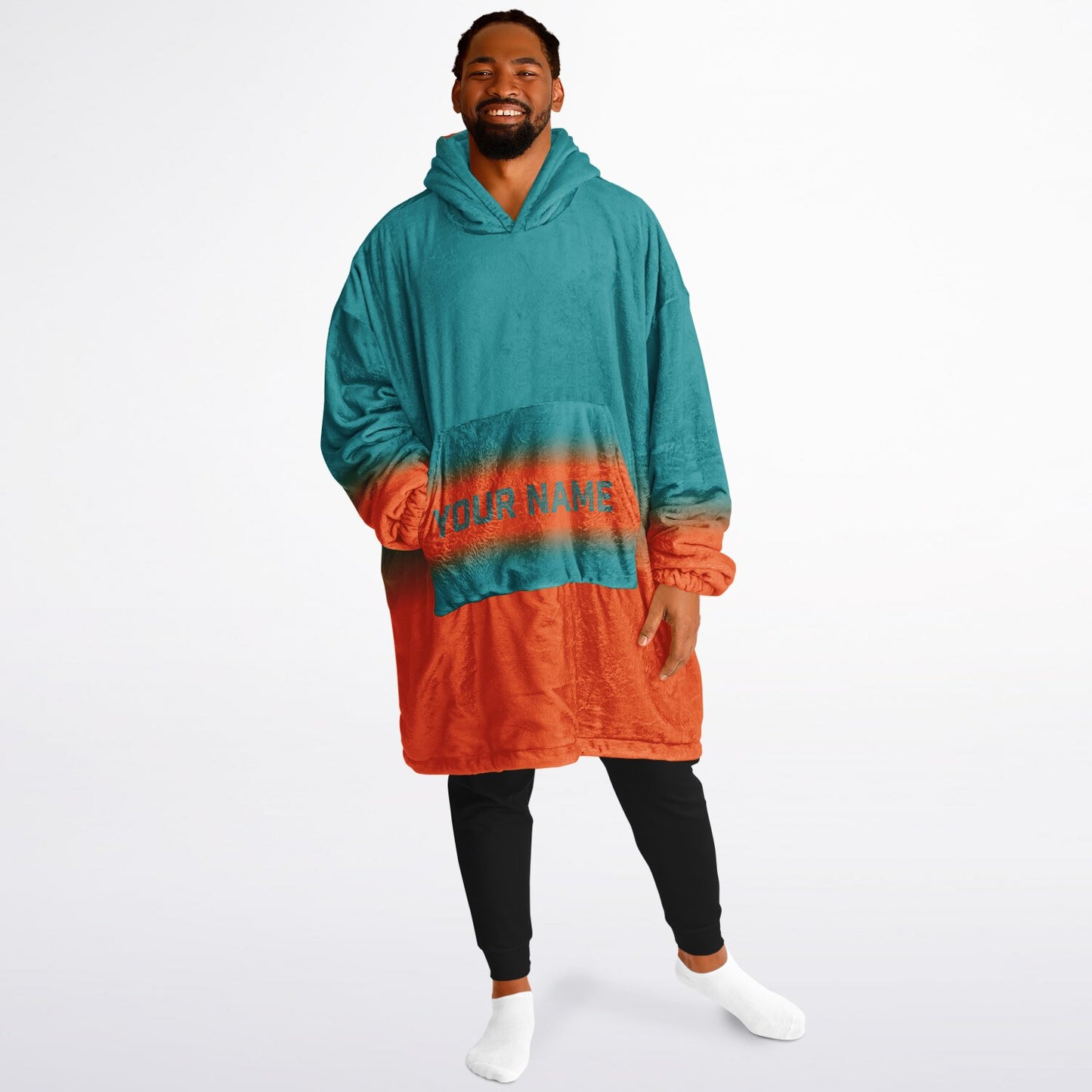 Aqua and orange reversible snug hoodie with soft interior lining and casual everyday style for football fans.