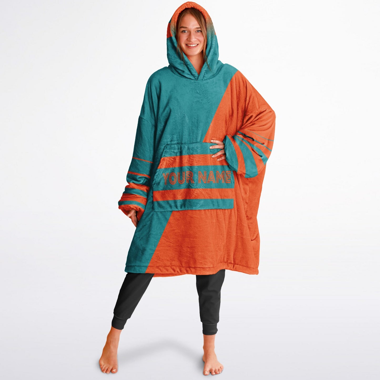 Aqua and orange reversible snug hoodie with soft interior lining and casual everyday style for football fans.