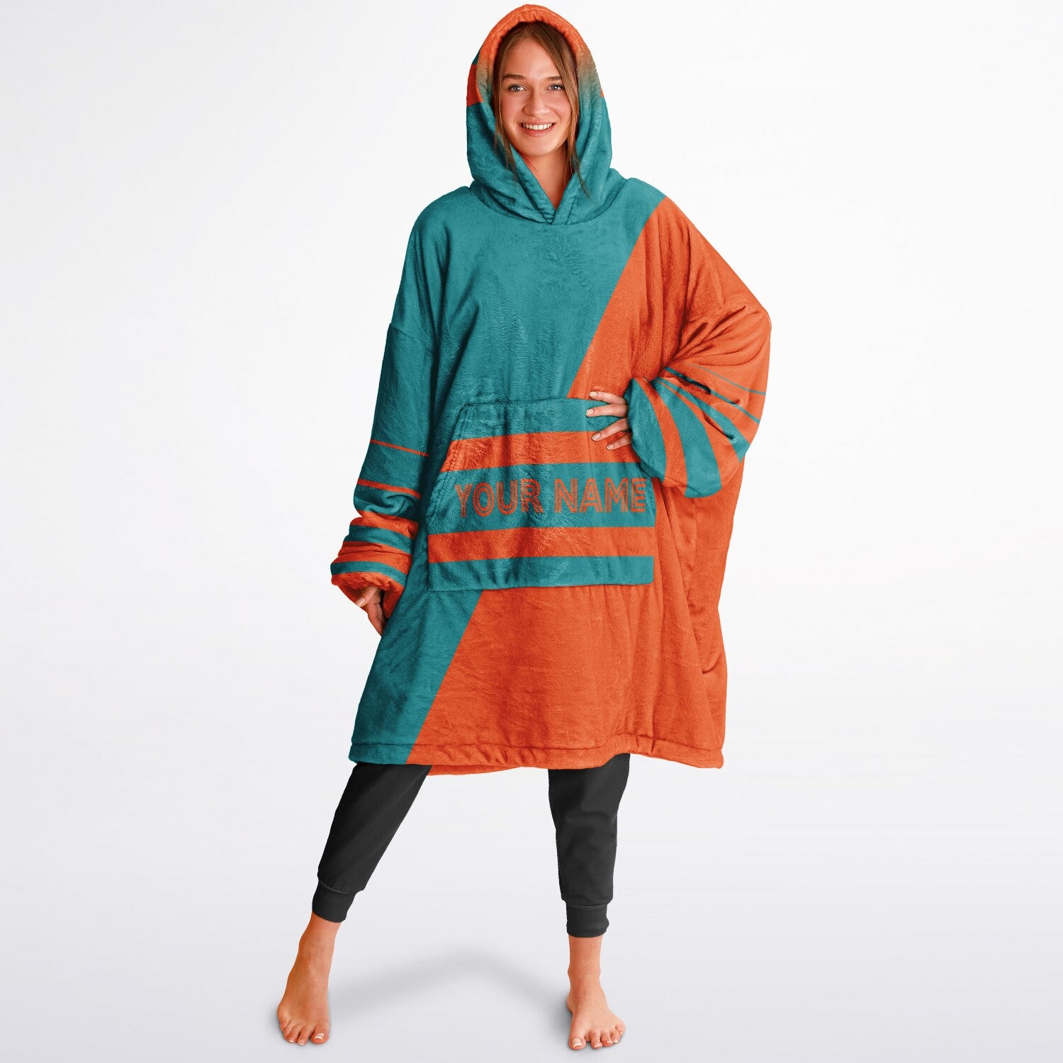 Aqua and orange reversible snug hoodie with soft interior lining and casual everyday style for football fans.