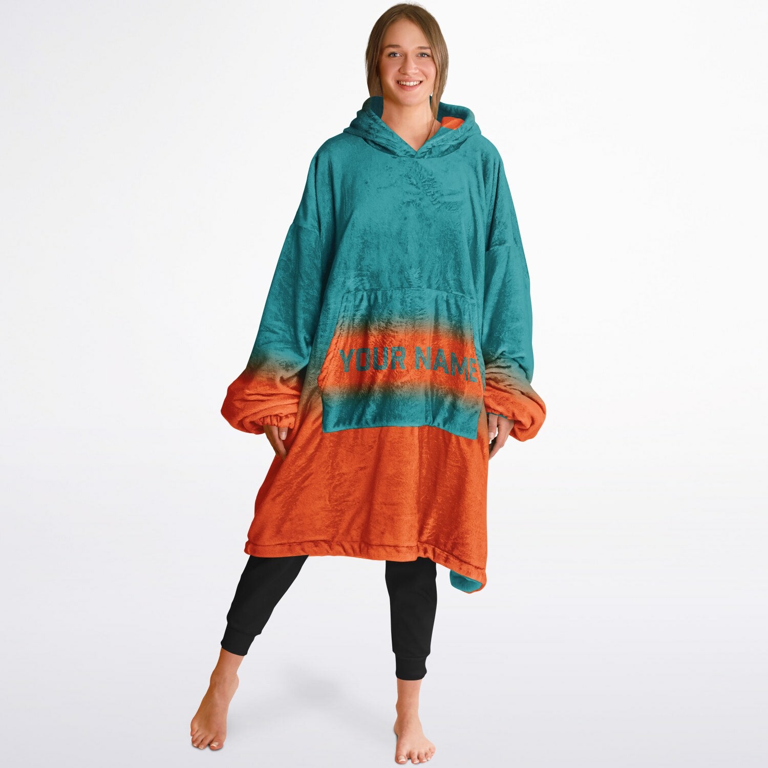 Aqua and orange reversible snug hoodie with soft interior lining and casual everyday style for football fans.