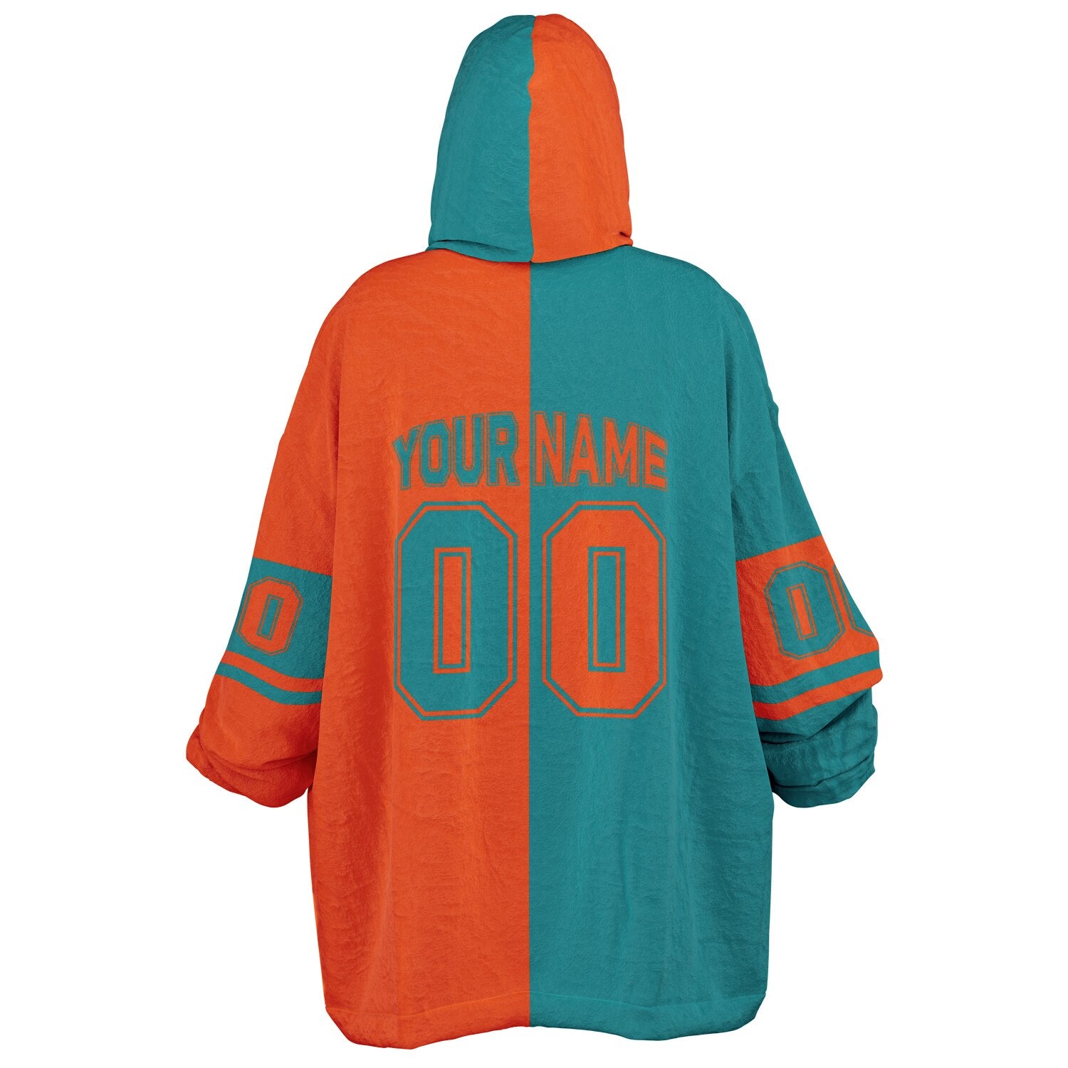 Aqua and orange halftime snug hoodie featuring a symmetrical split design for a dynamic game-day look.