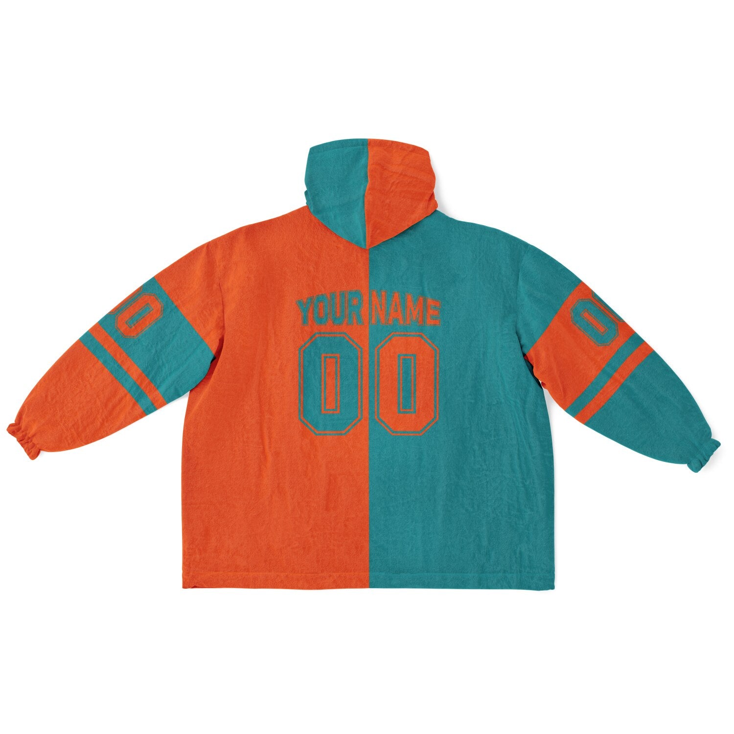 Aqua and orange halftime snug hoodie featuring a symmetrical split design for a dynamic game-day look.