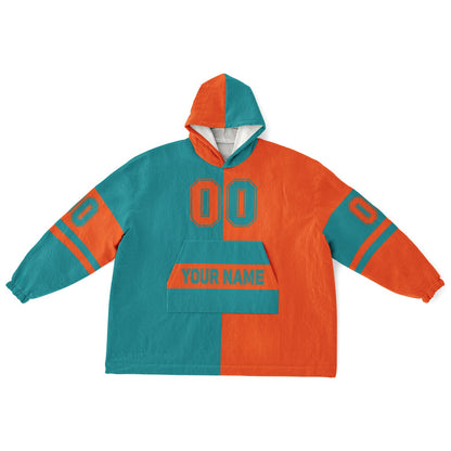Aqua and orange halftime snug hoodie featuring a symmetrical split design for a dynamic game-day look.