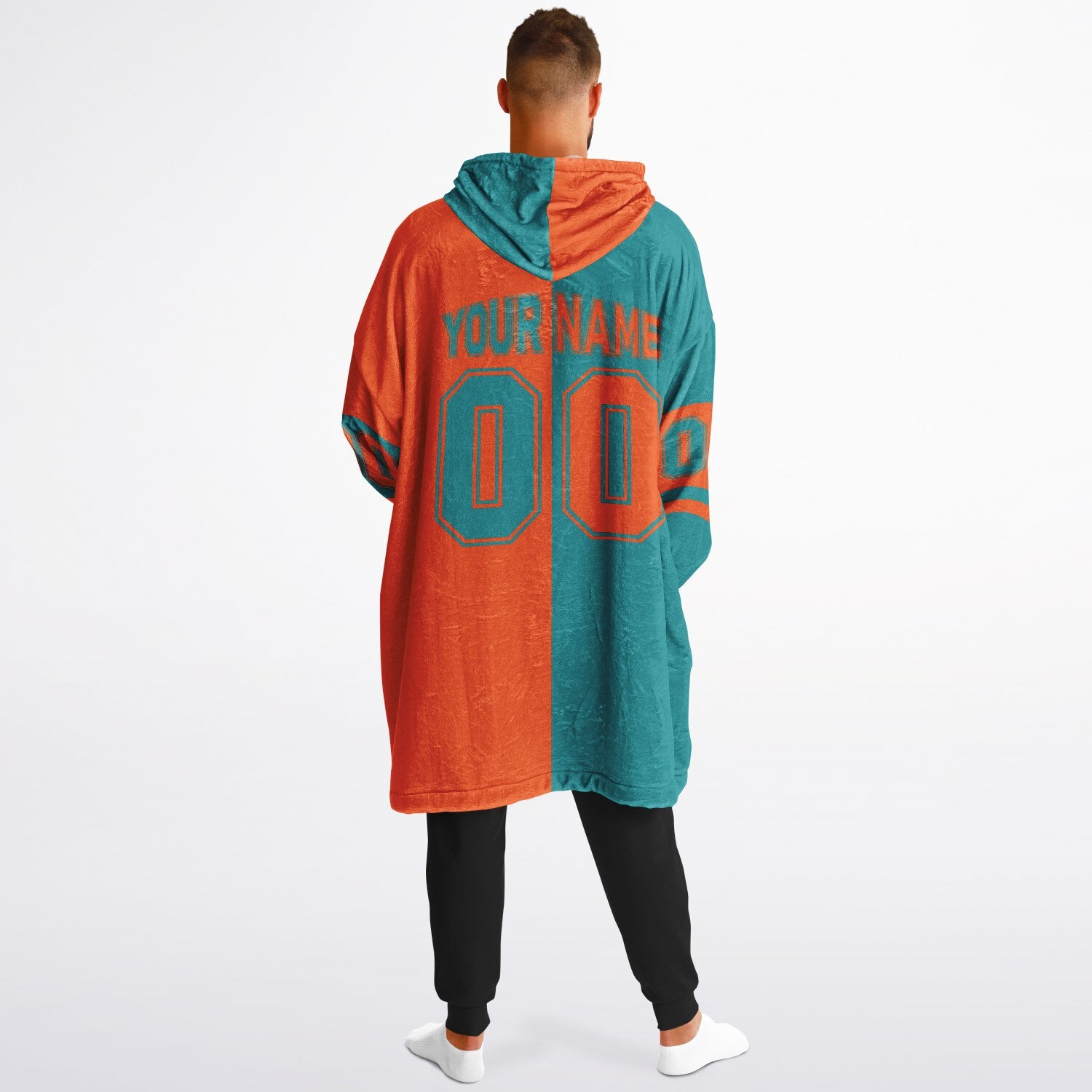 Aqua and orange halftime snug hoodie featuring a symmetrical split design for a dynamic game-day look.