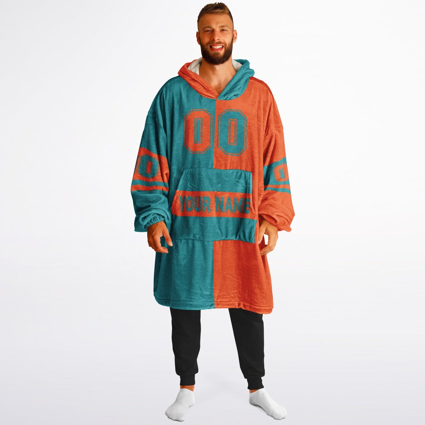 Aqua and orange halftime snug hoodie featuring a symmetrical split design for a dynamic game-day look.