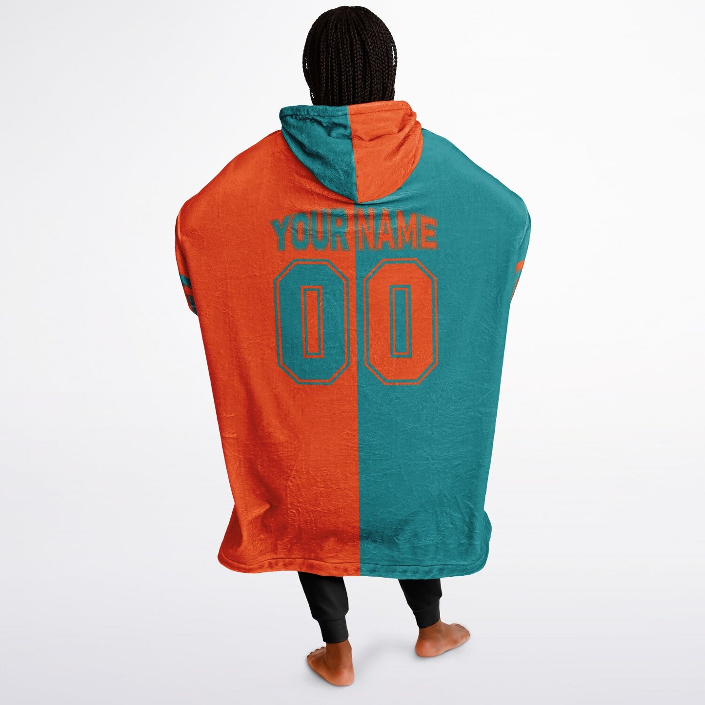 Aqua and orange halftime snug hoodie featuring a symmetrical split design for a dynamic game-day look.