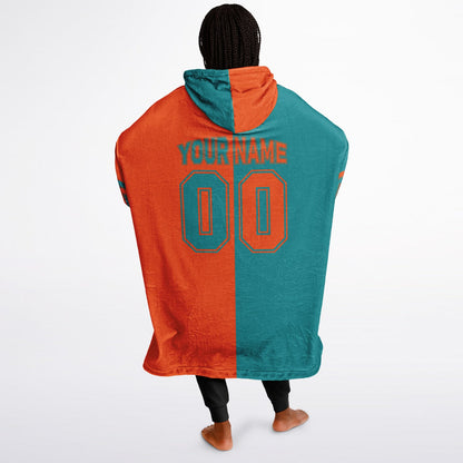 Aqua and orange halftime snug hoodie featuring a symmetrical split design for a dynamic game-day look.