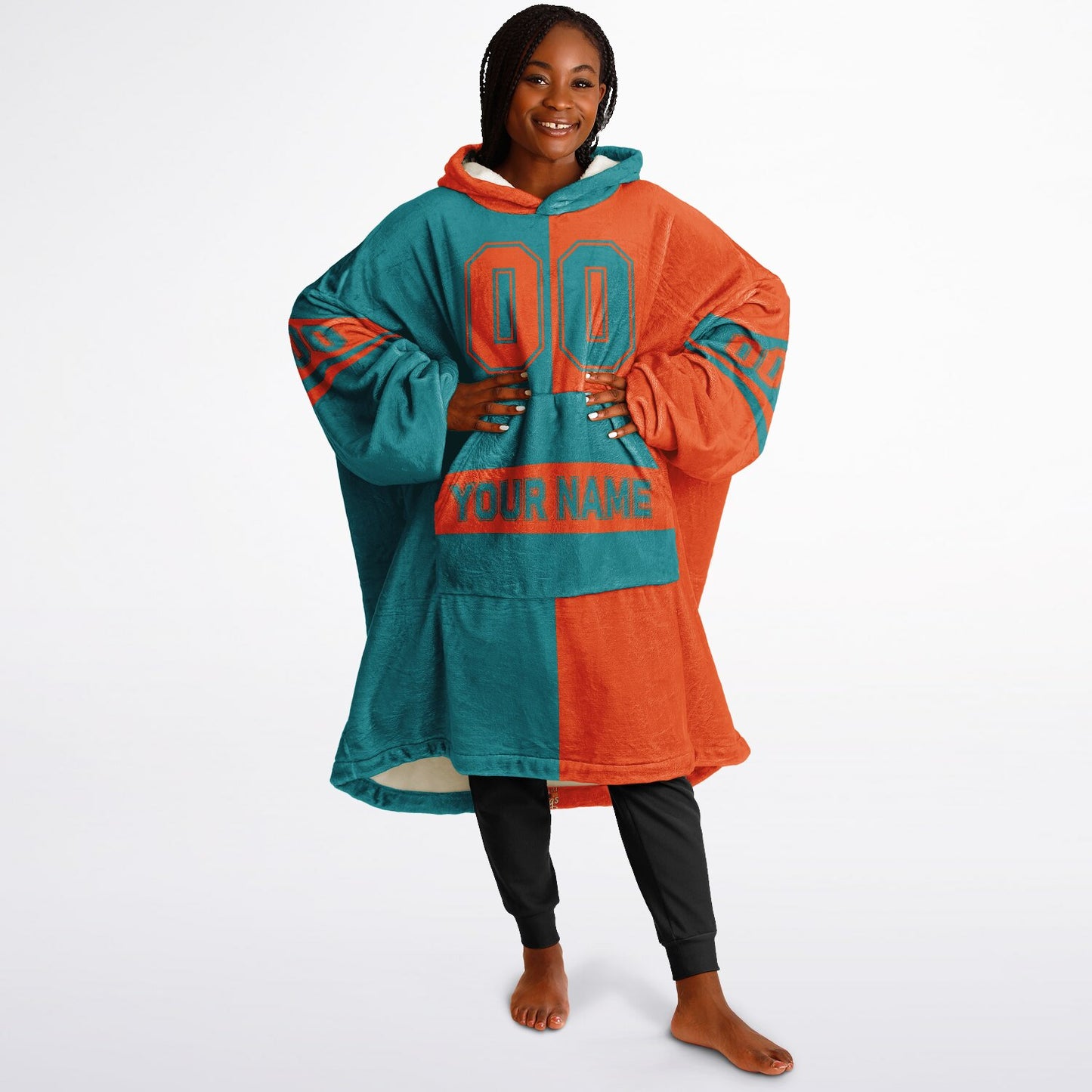 Aqua and orange halftime snug hoodie featuring a symmetrical split design for a dynamic game-day look.