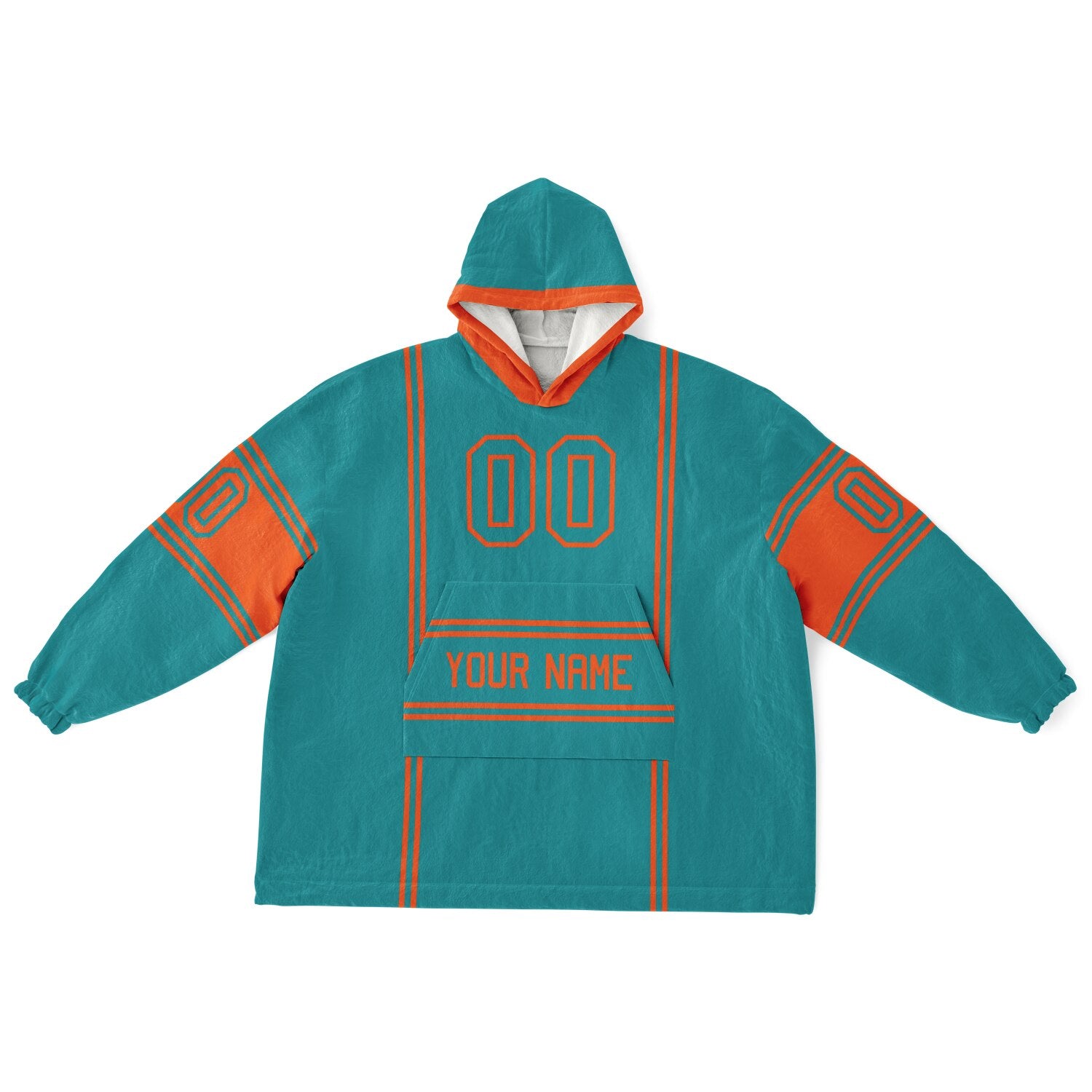 Aqua and orange lineup snug hoodie featuring sleek line-art details and minimalist team-inspired design.