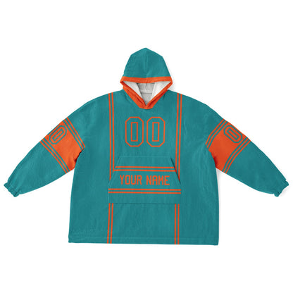 Aqua and orange lineup snug hoodie featuring sleek line-art details and minimalist team-inspired design.