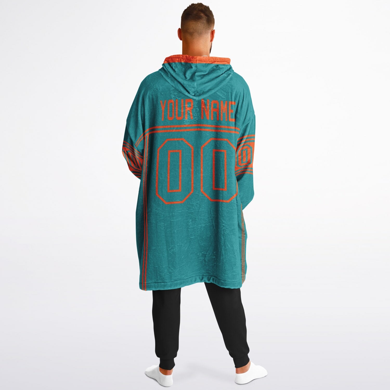 Aqua and orange lineup snug hoodie featuring sleek line-art details and minimalist team-inspired design.