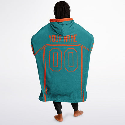 Aqua and orange lineup snug hoodie featuring sleek line-art details and minimalist team-inspired design.