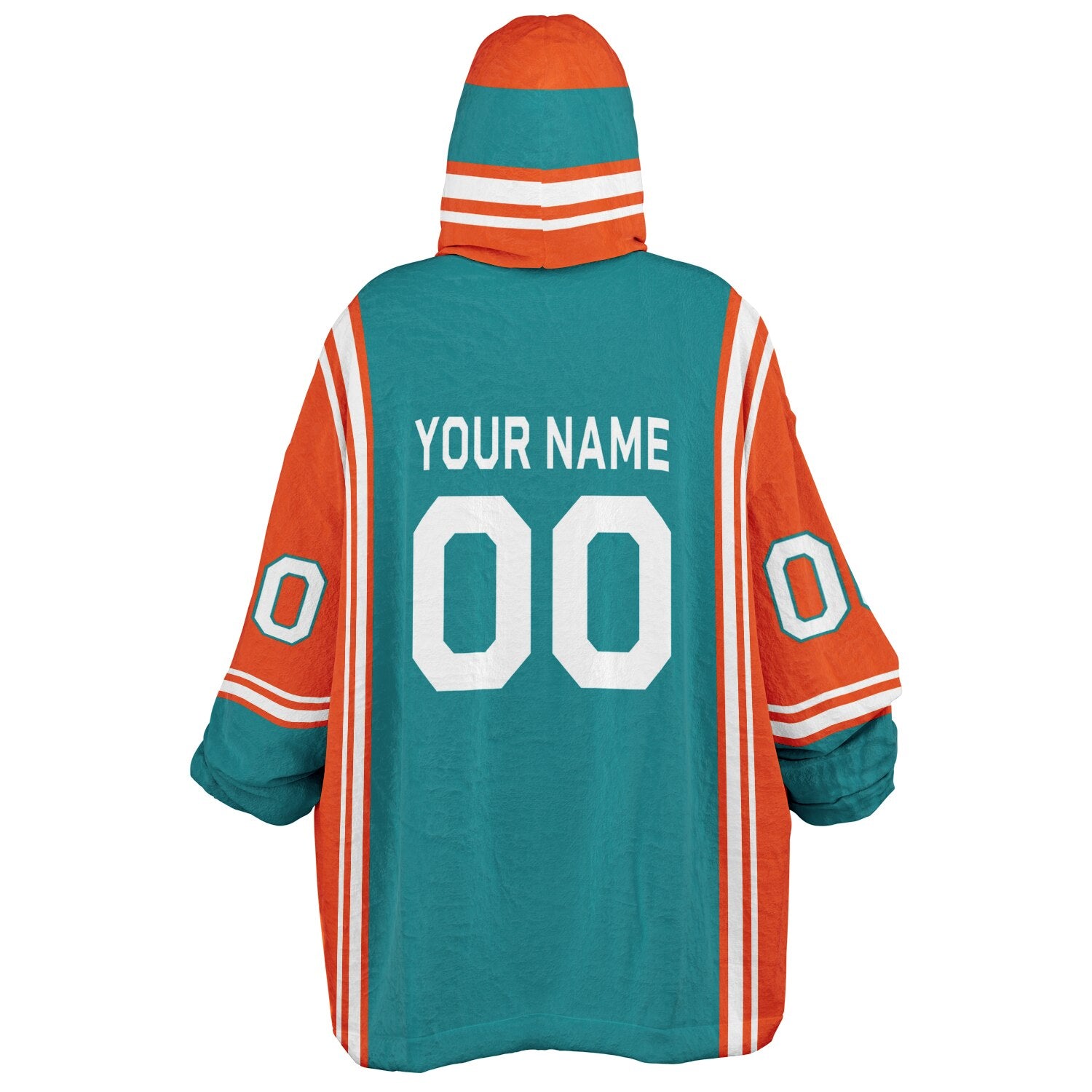 Aqua, orange, and white bold snug hoodie with triple color blocking and a sporty aesthetic.