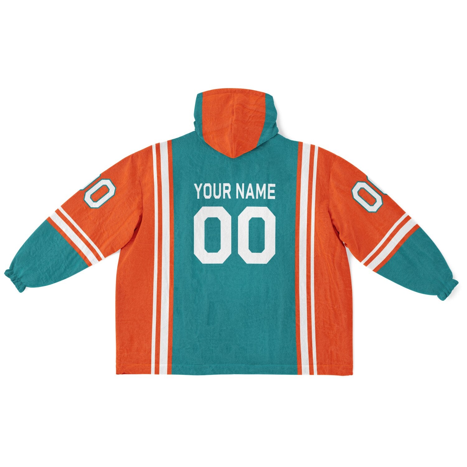 Aqua, orange, and white bold snug hoodie with triple color blocking and a sporty aesthetic.