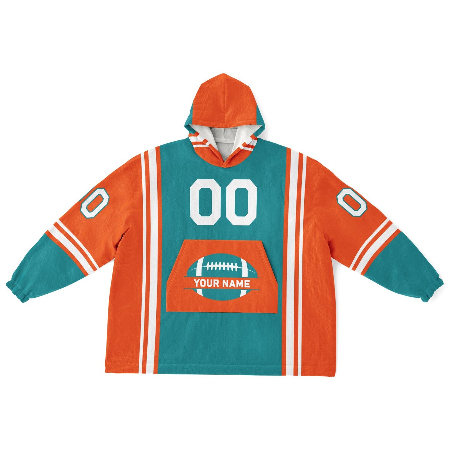 Aqua, orange, and white bold snug hoodie with triple color blocking and a sporty aesthetic.