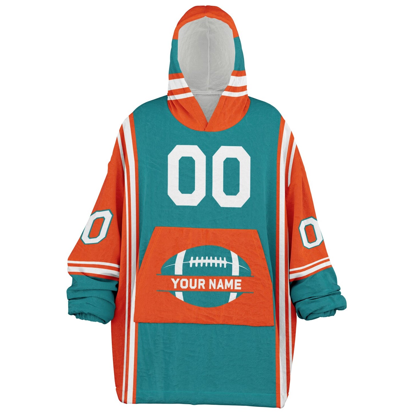 Aqua, orange, and white bold snug hoodie with triple color blocking and a sporty aesthetic.