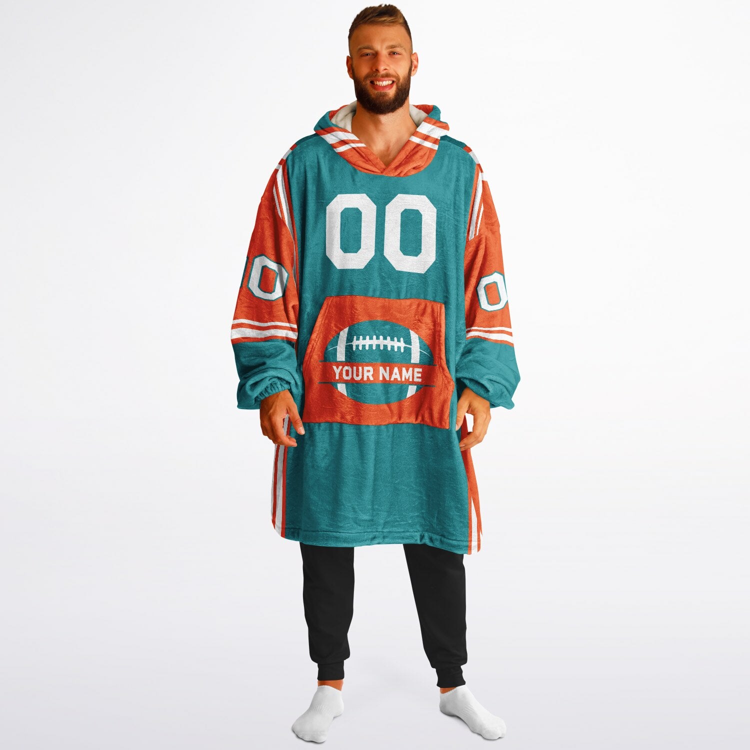 Aqua, orange, and white bold snug hoodie with triple color blocking and a sporty aesthetic.