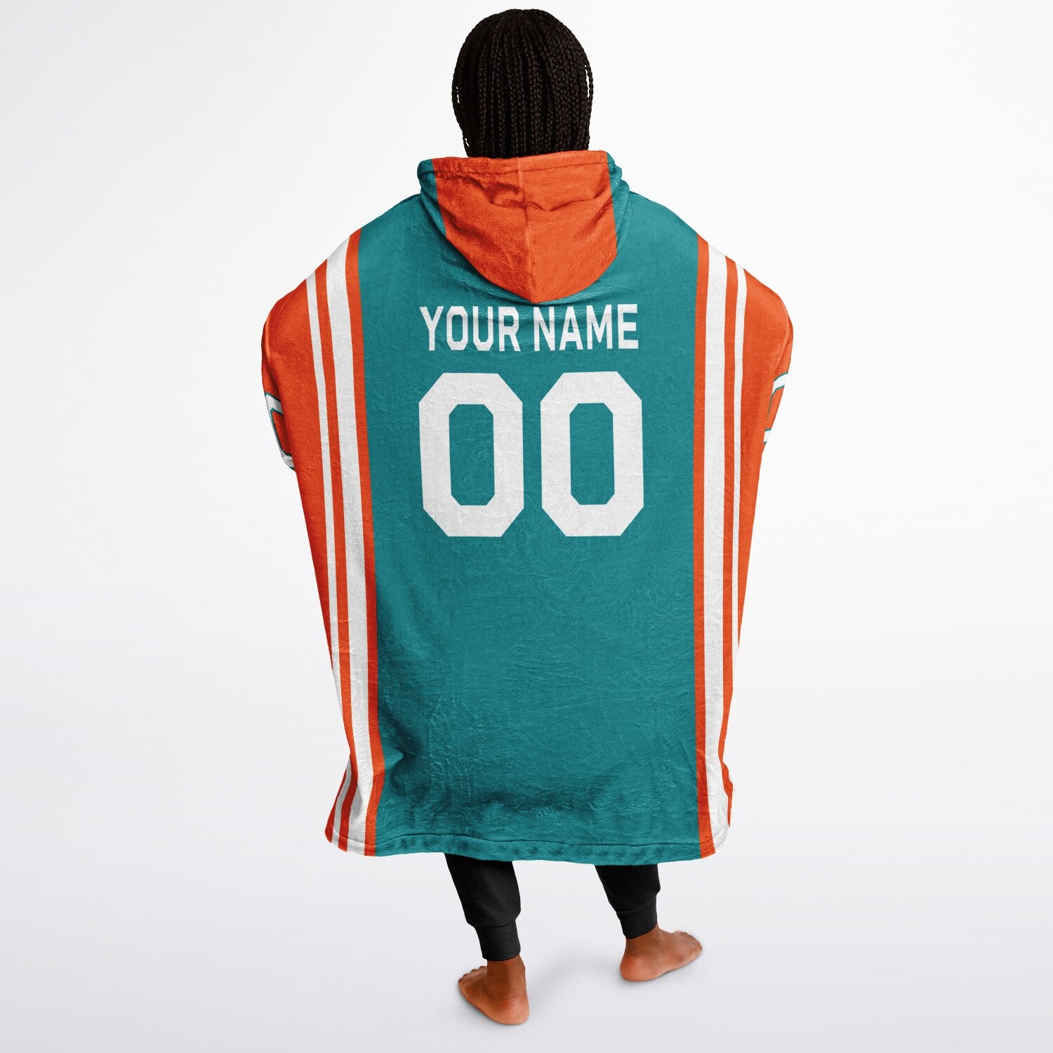 Aqua, orange, and white bold snug hoodie with triple color blocking and a sporty aesthetic.