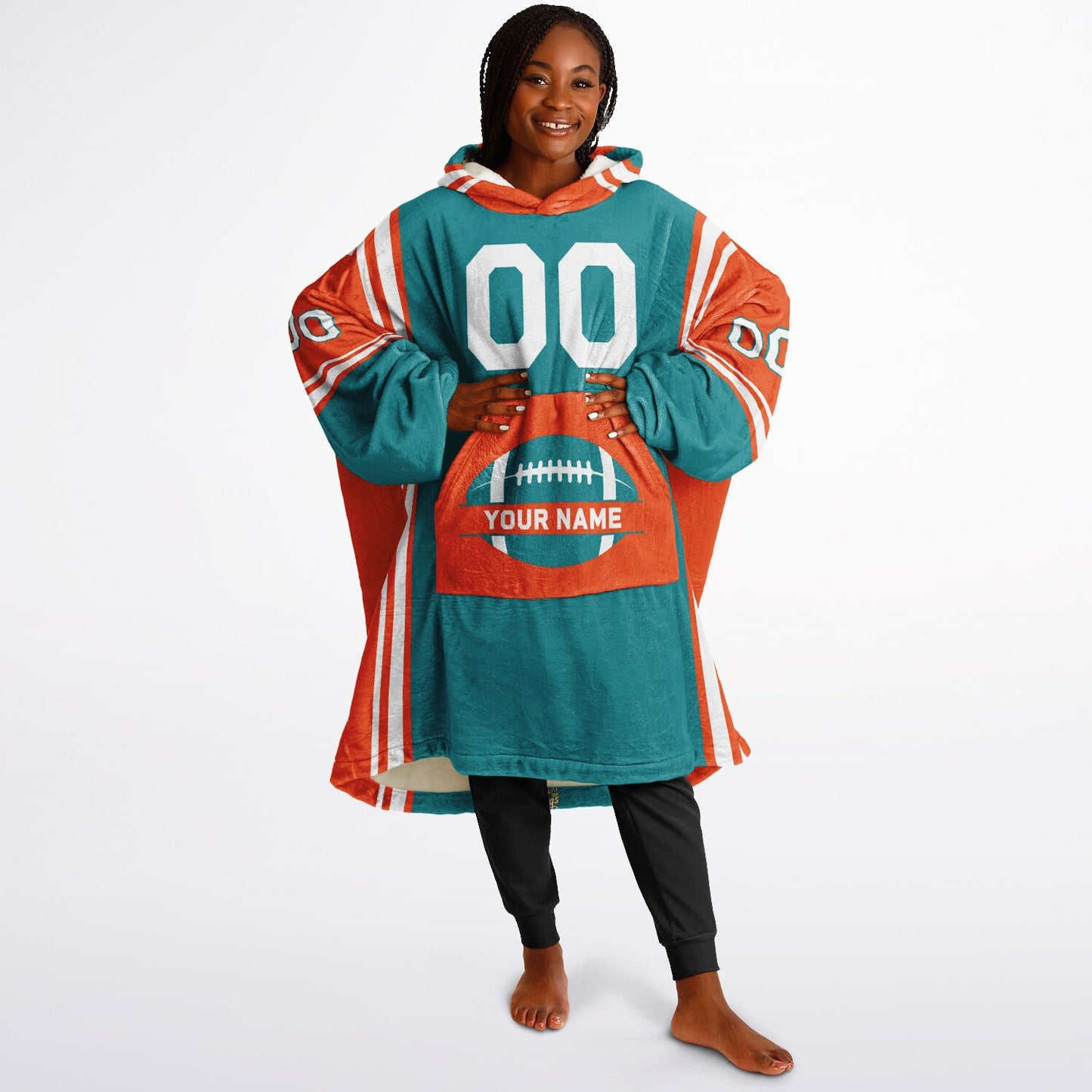 Aqua, orange, and white bold snug hoodie with triple color blocking and a sporty aesthetic.