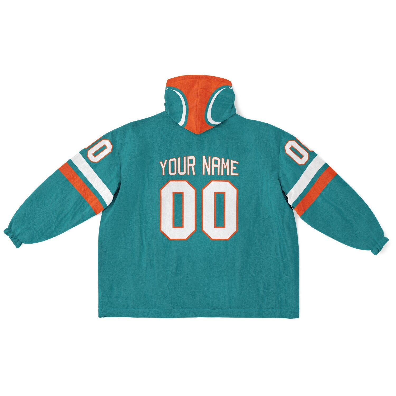 Aqua, orange, and white classic snug hoodie featuring authentic jersey striping and personalized number details.