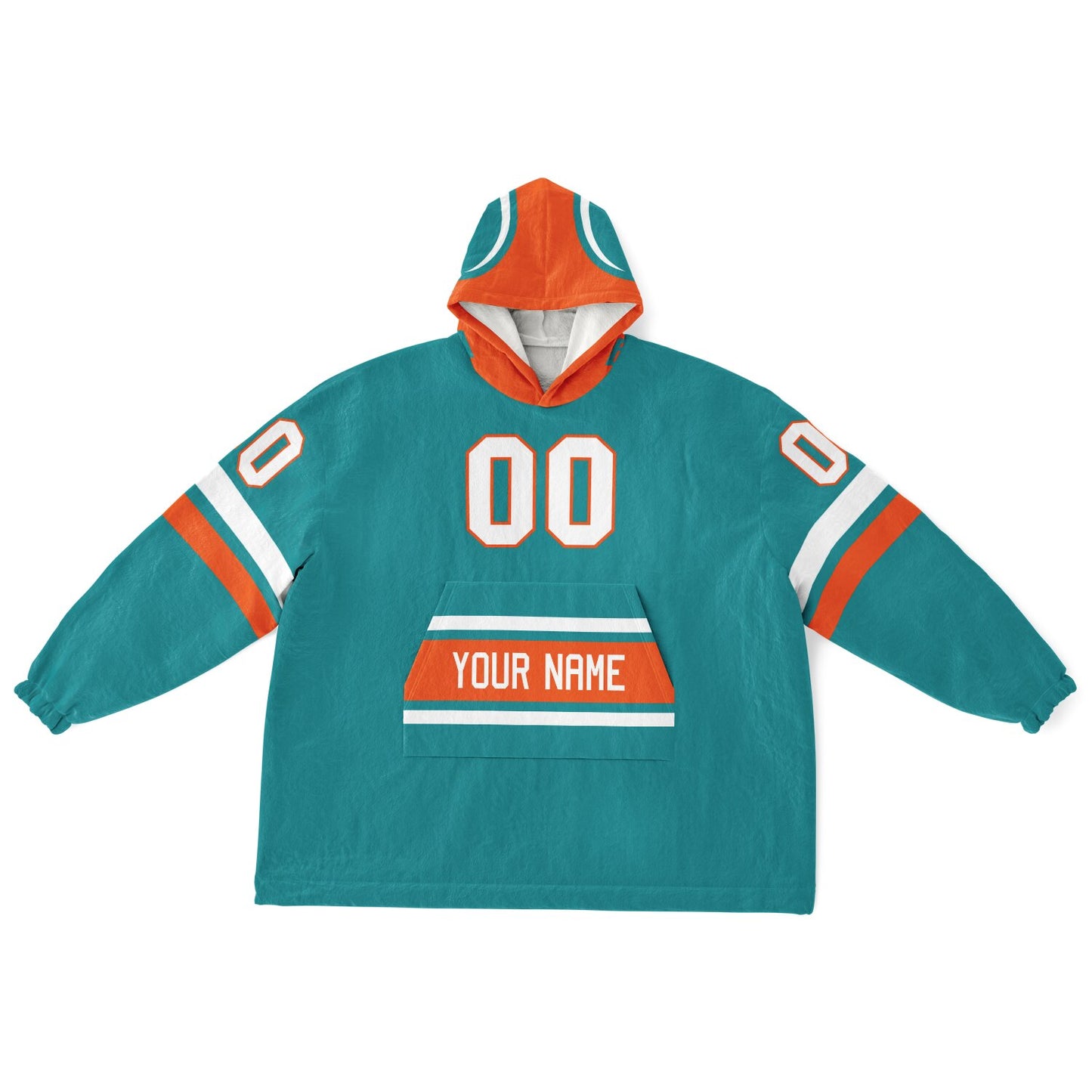 Aqua, orange, and white classic snug hoodie featuring authentic jersey striping and personalized number details.