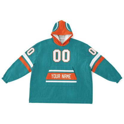 Aqua, orange, and white classic snug hoodie featuring authentic jersey striping and personalized number details.