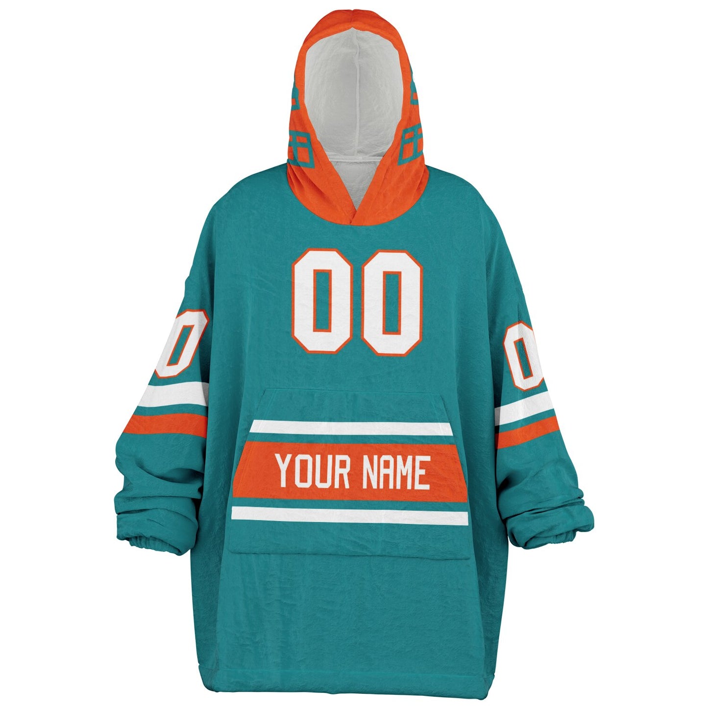 Aqua, orange, and white classic snug hoodie featuring authentic jersey striping and personalized number details.