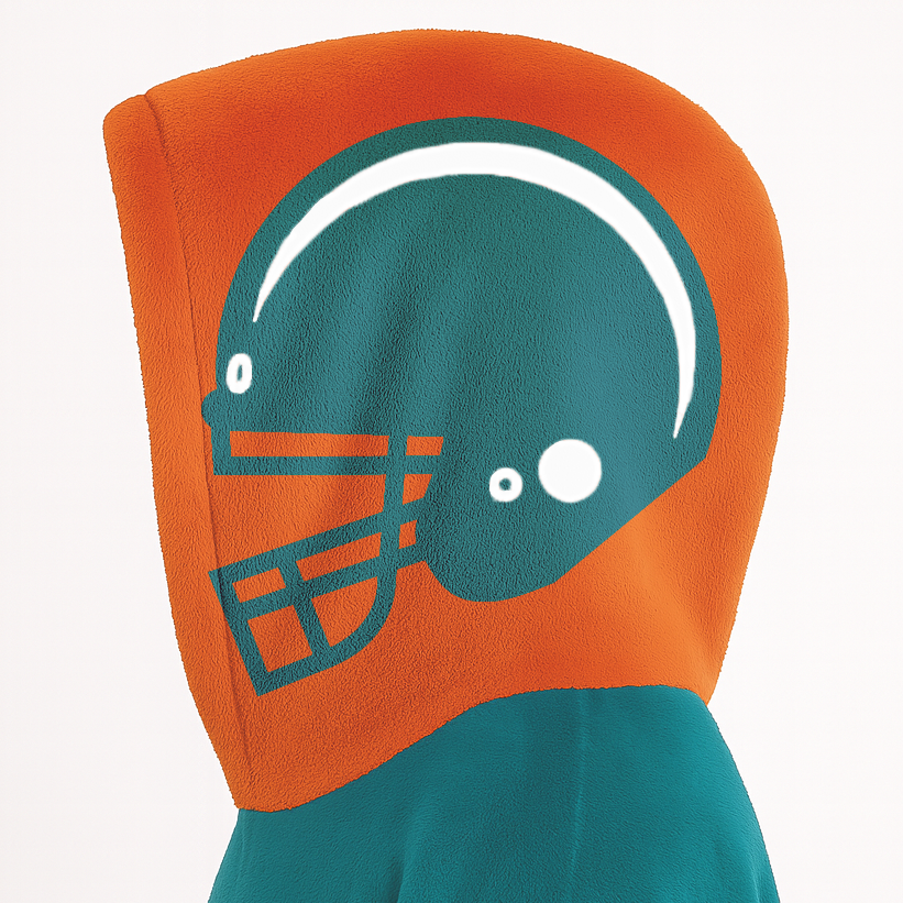 Aqua, orange, and white classic snug hoodie featuring authentic jersey striping and personalized number details.
