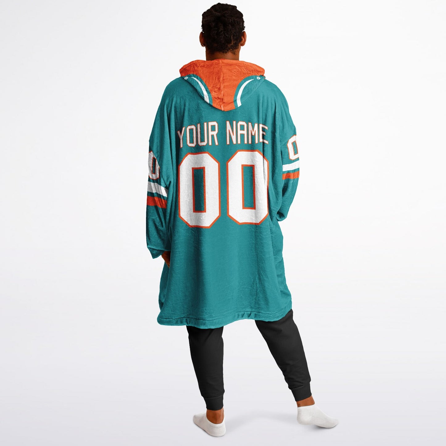 Aqua, orange, and white classic snug hoodie featuring authentic jersey striping and personalized number details.