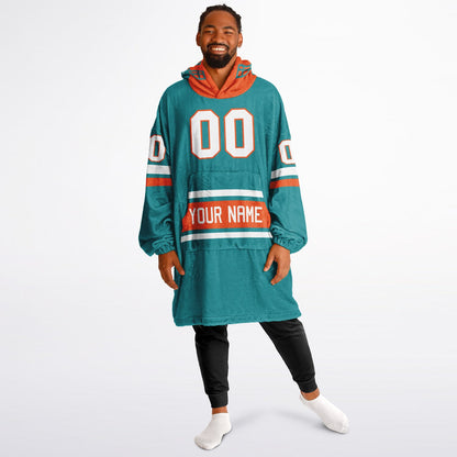 Aqua, orange, and white classic snug hoodie featuring authentic jersey striping and personalized number details.