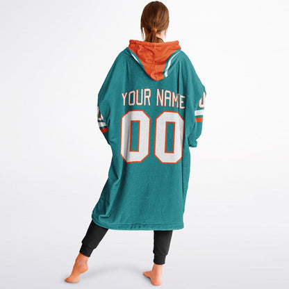 Aqua, orange, and white classic snug hoodie featuring authentic jersey striping and personalized number details.