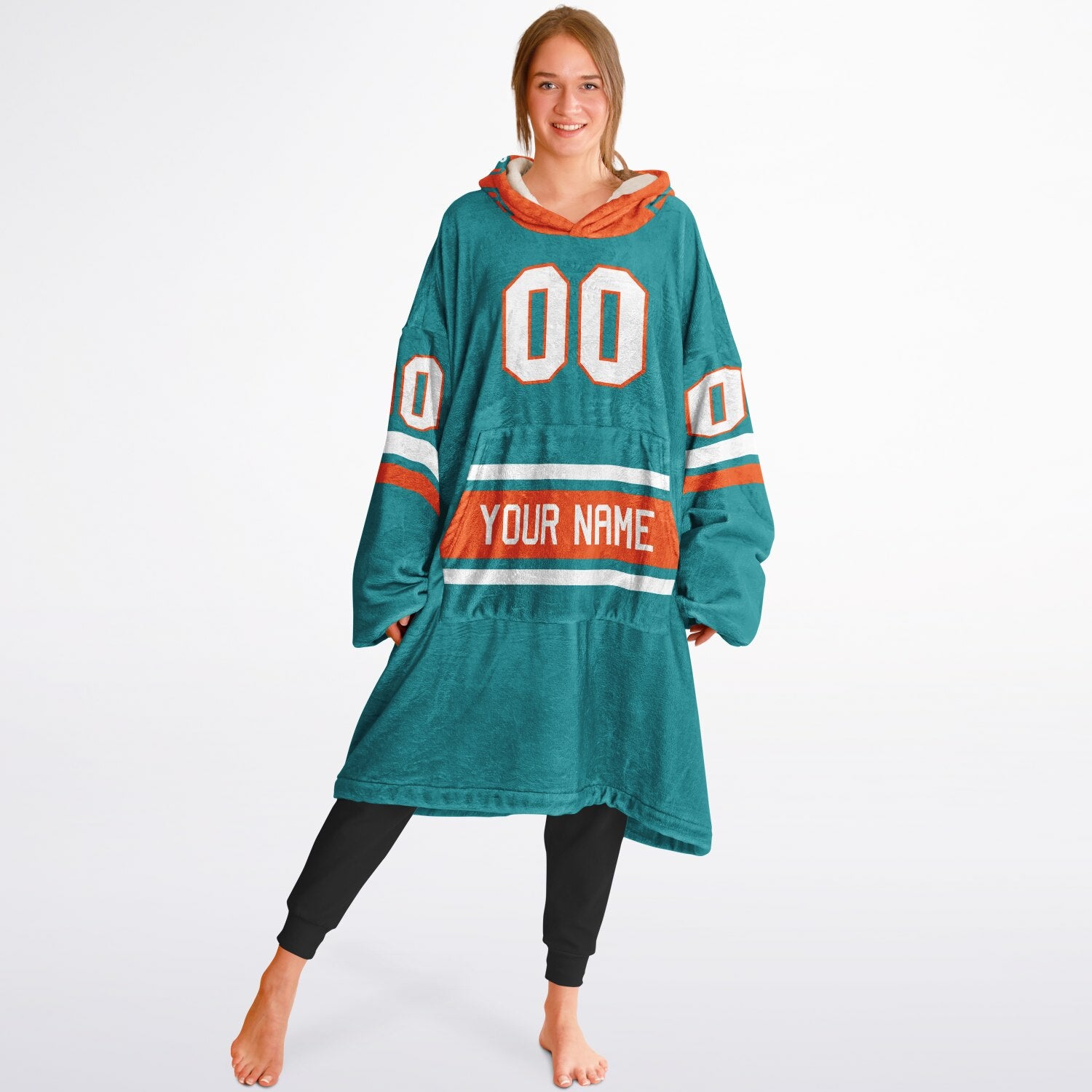 Aqua, orange, and white classic snug hoodie featuring authentic jersey striping and personalized number details.
