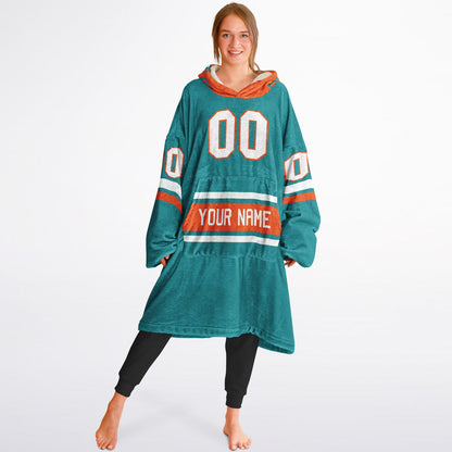 Aqua, orange, and white classic snug hoodie featuring authentic jersey striping and personalized number details.