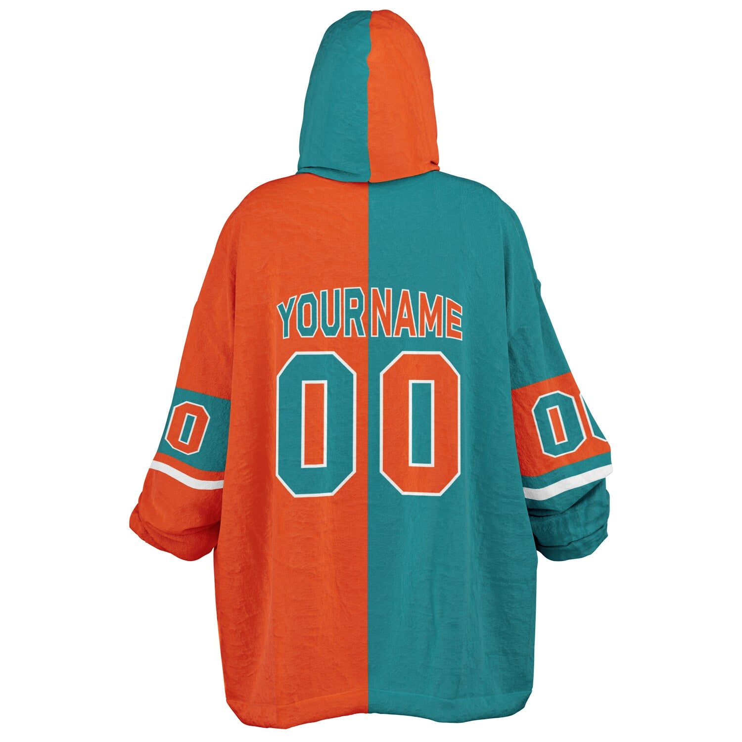 Aqua, orange and white halftime snug hoodie with three-tone split design and cozy fleece texture.